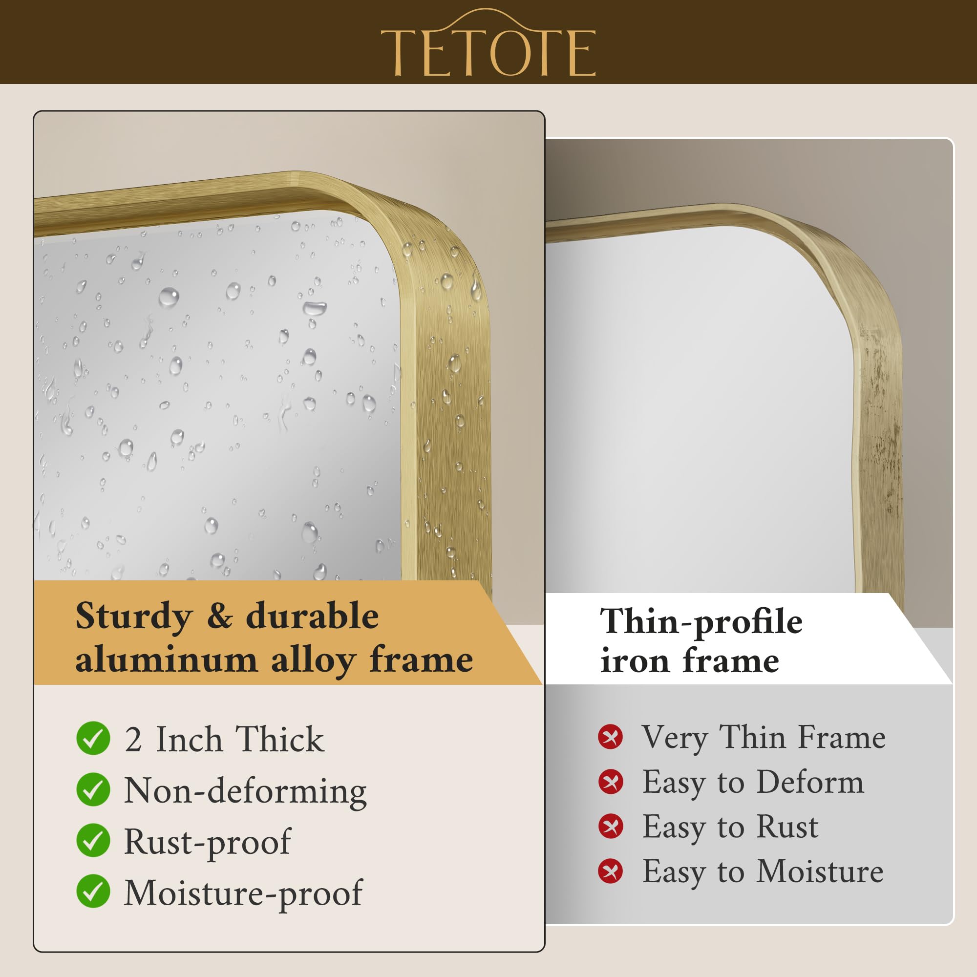 Tetote Brushed Gold Bathroom Mirror, 24 X 36 Inch Metal Framed Mirror, Brushed Brass Rectangle Wall Mounted Golden Vanity Mirror
